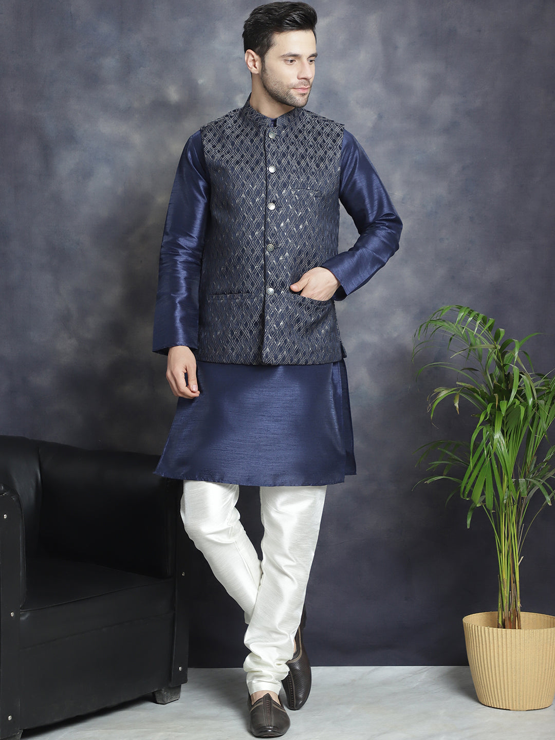 Embroidered Nehru Jacket With Solid Kurta Pyjama ( ANMKPWC 636N 7007Silver )