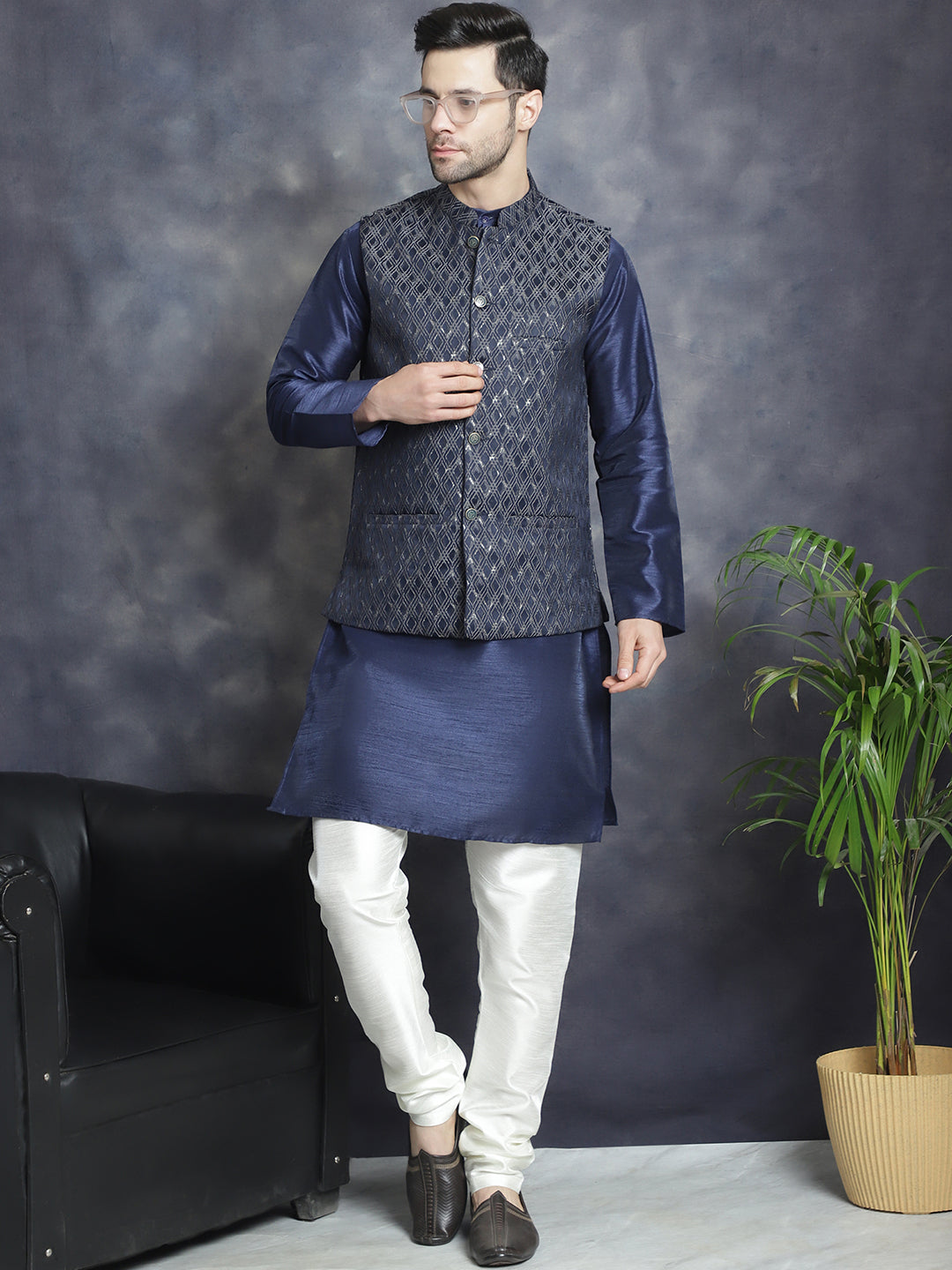 Embroidered Nehru Jacket With Solid Kurta Pyjama ( ANMKPWC 636N 7007Silver )
