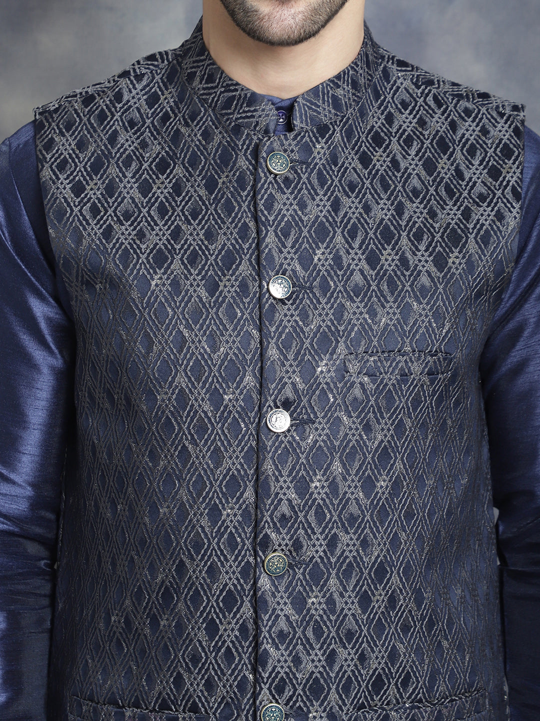 Embroidered Nehru Jacket With Solid Kurta Pyjama ( ANMKPWC 636N 7007Silver )