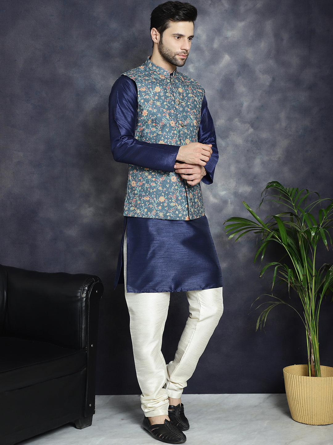 Sequins Printed Nehru Jacket with Solid Kurta Pyjama ( ANMKPWC 636N 7009Blue )