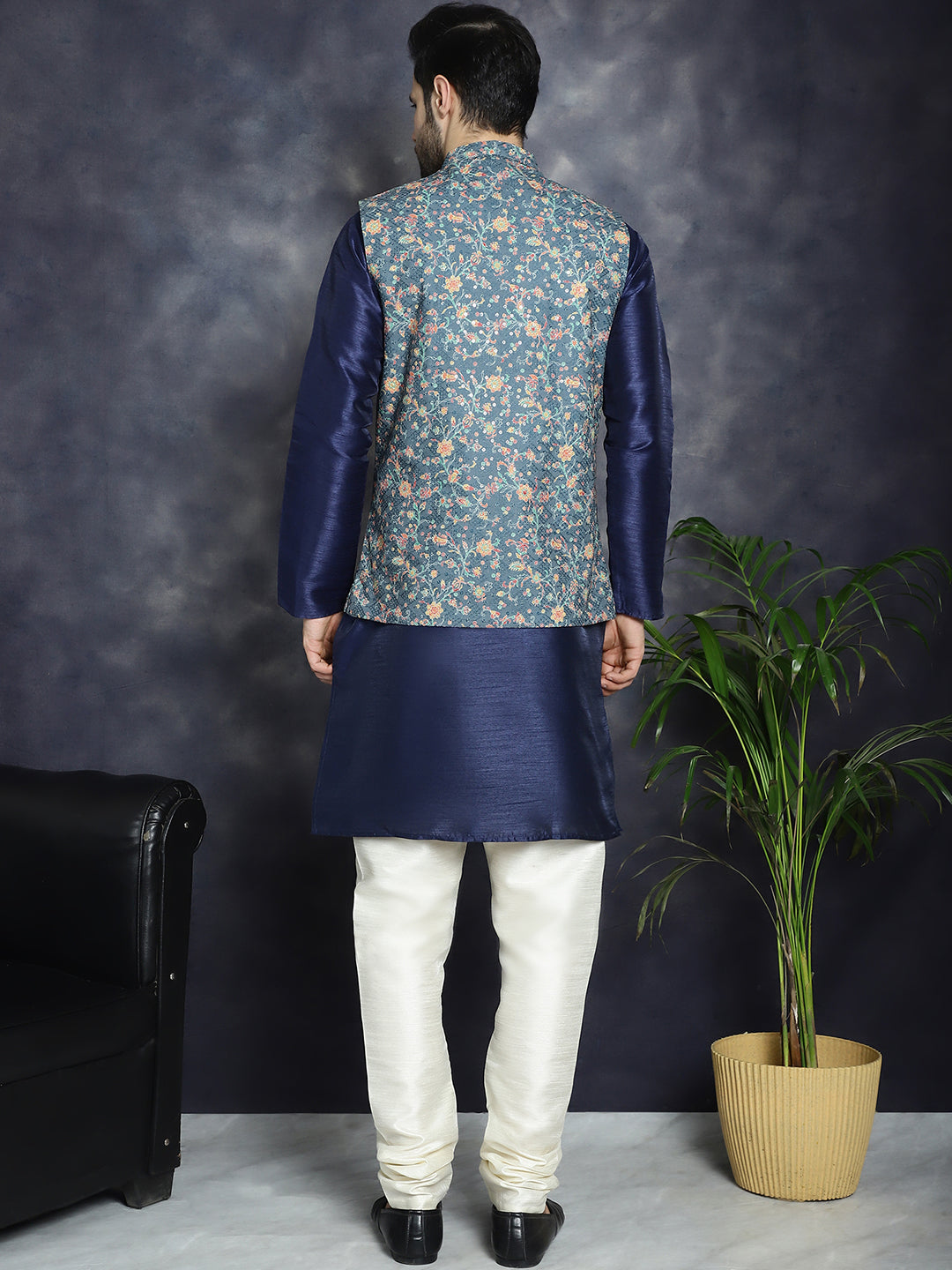 Sequins Printed Nehru Jacket with Solid Kurta Pyjama ( ANMKPWC 636N 7009Blue )
