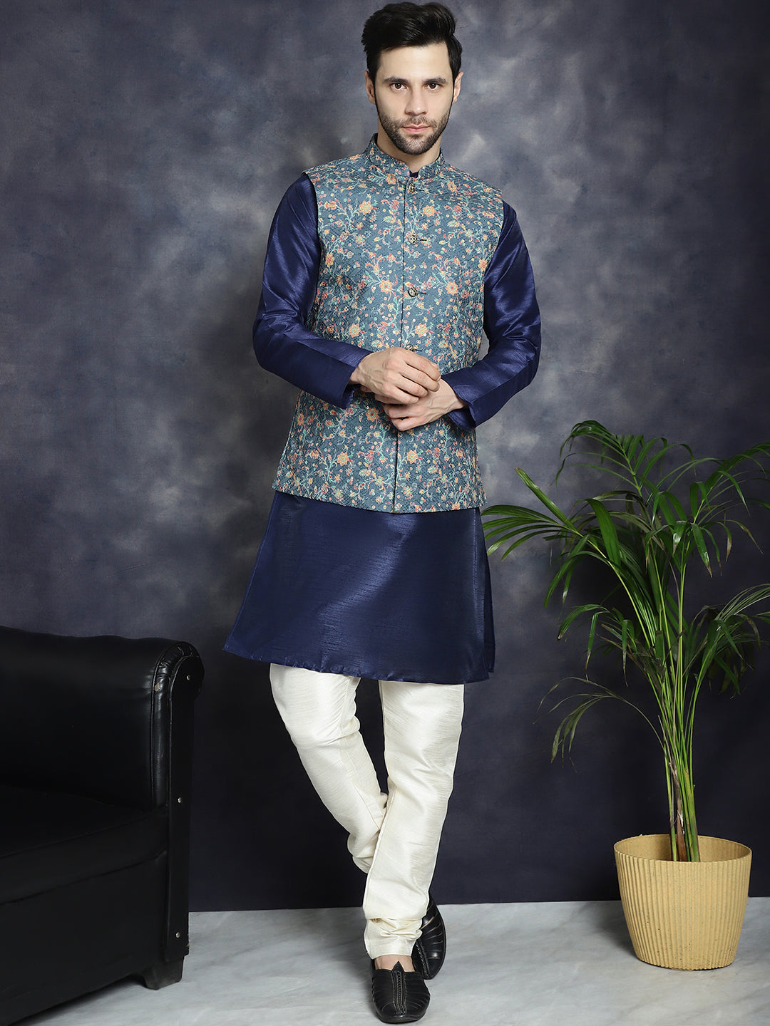 Sequins Printed Nehru Jacket with Solid Kurta Pyjama ( ANMKPWC 636N 7009Blue )