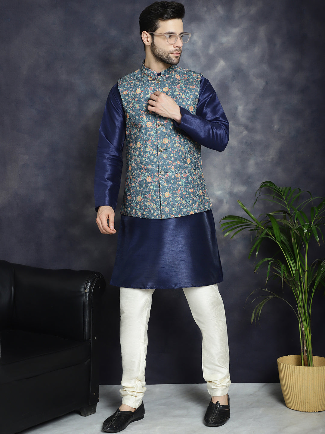 Sequins Printed Nehru Jacket with Solid Kurta Pyjama ( ANMKPWC 636N 7009Blue )