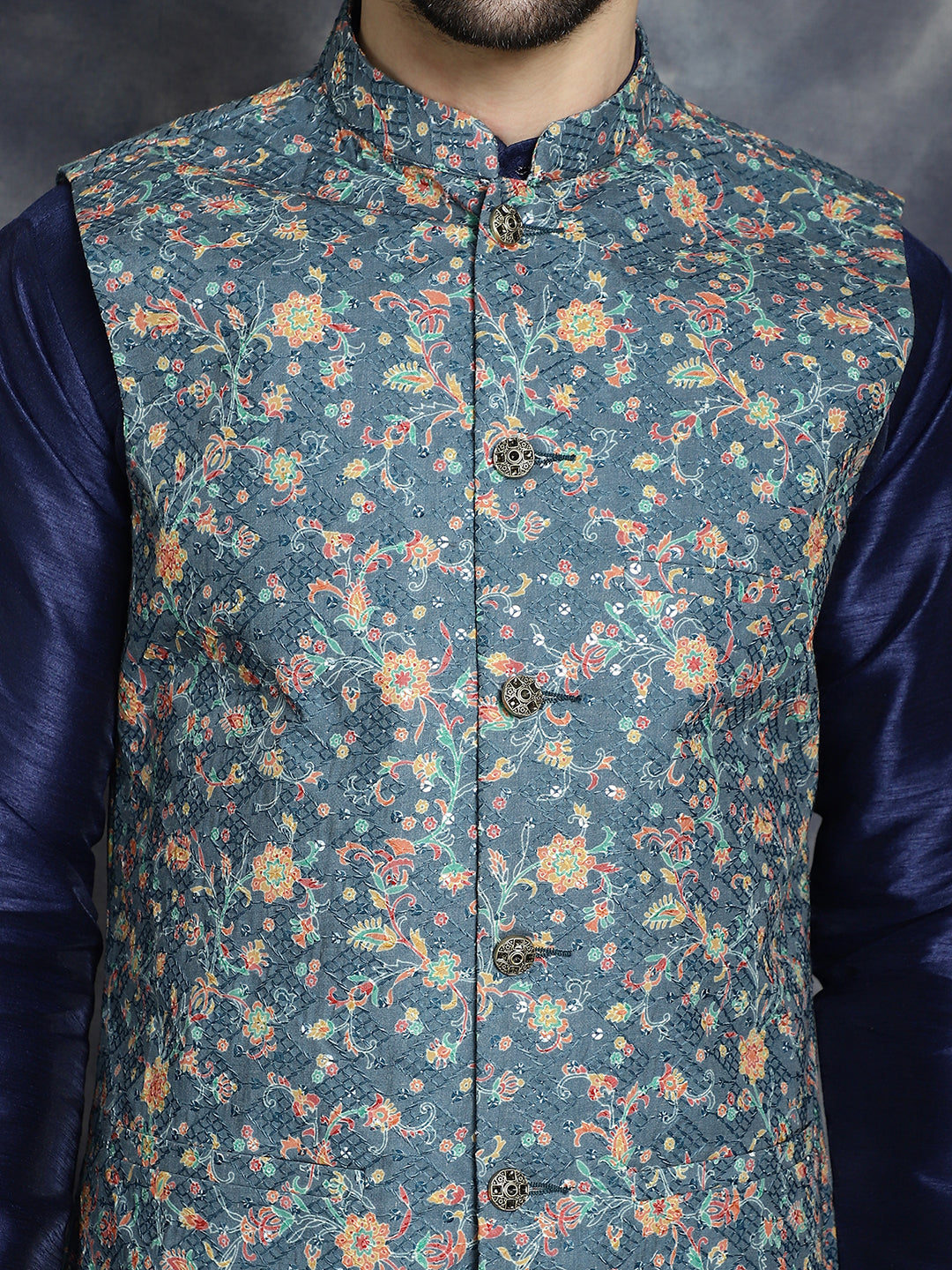 Sequins Printed Nehru Jacket with Solid Kurta Pyjama ( ANMKPWC 636N 7009Blue )