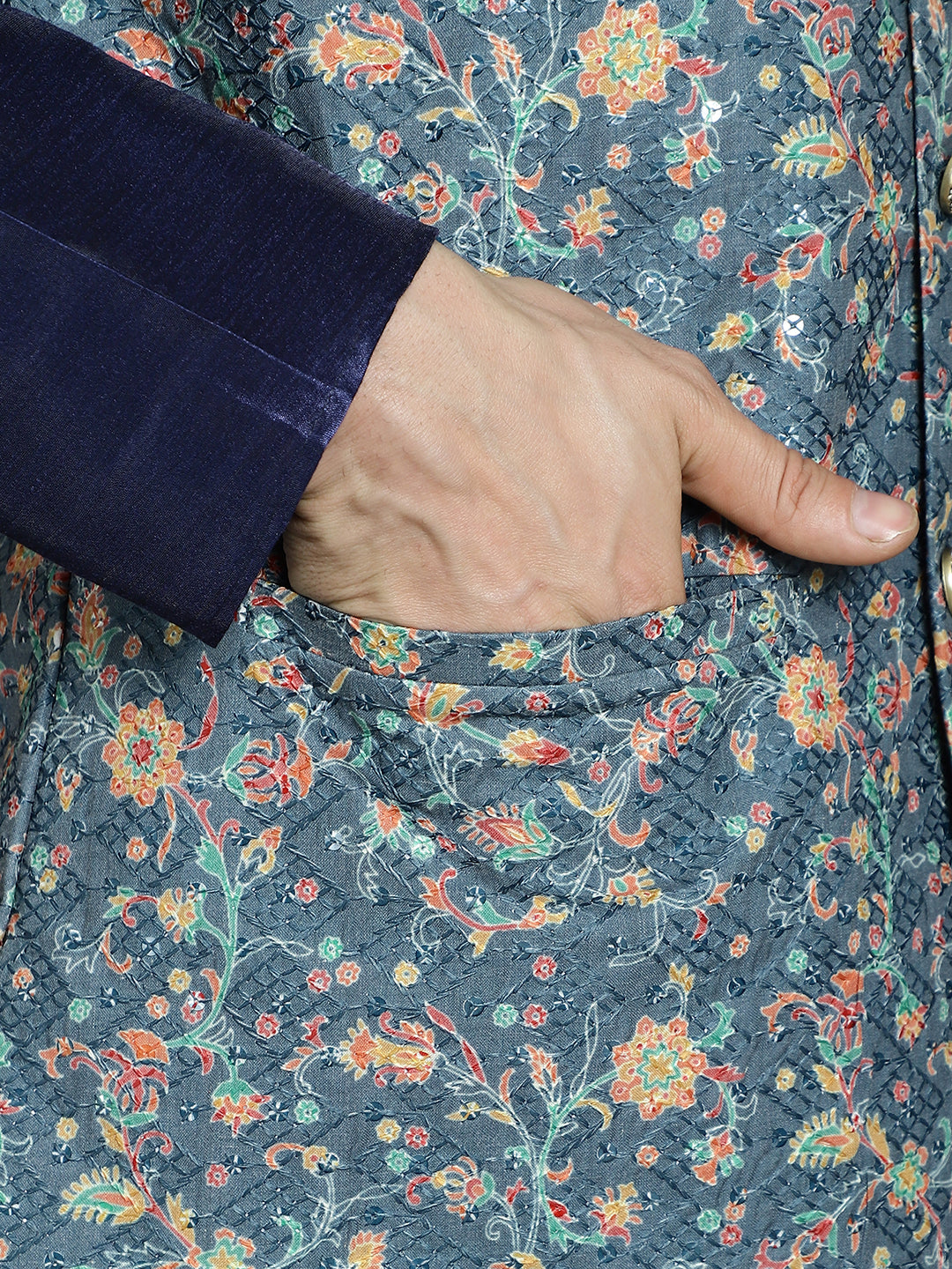 Sequins Printed Nehru Jacket with Solid Kurta Pyjama ( ANMKPWC 636N 7009Blue )