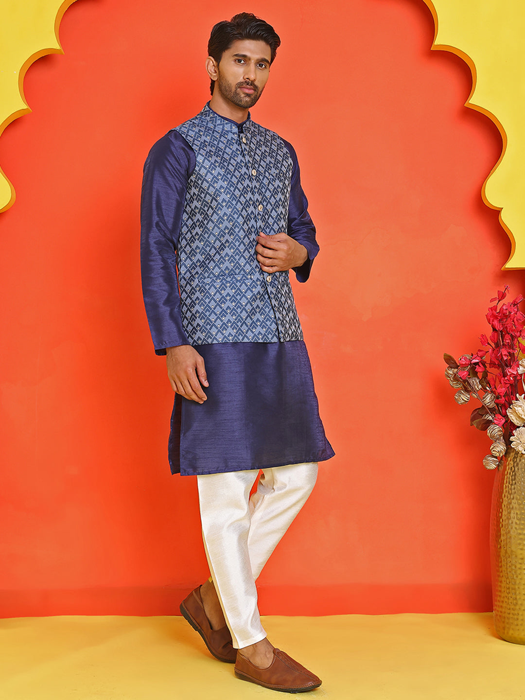 Men's Printed Nehru Jacket With Kurta Pyjama Set ( ANMKPWC 636N 7020Blue )