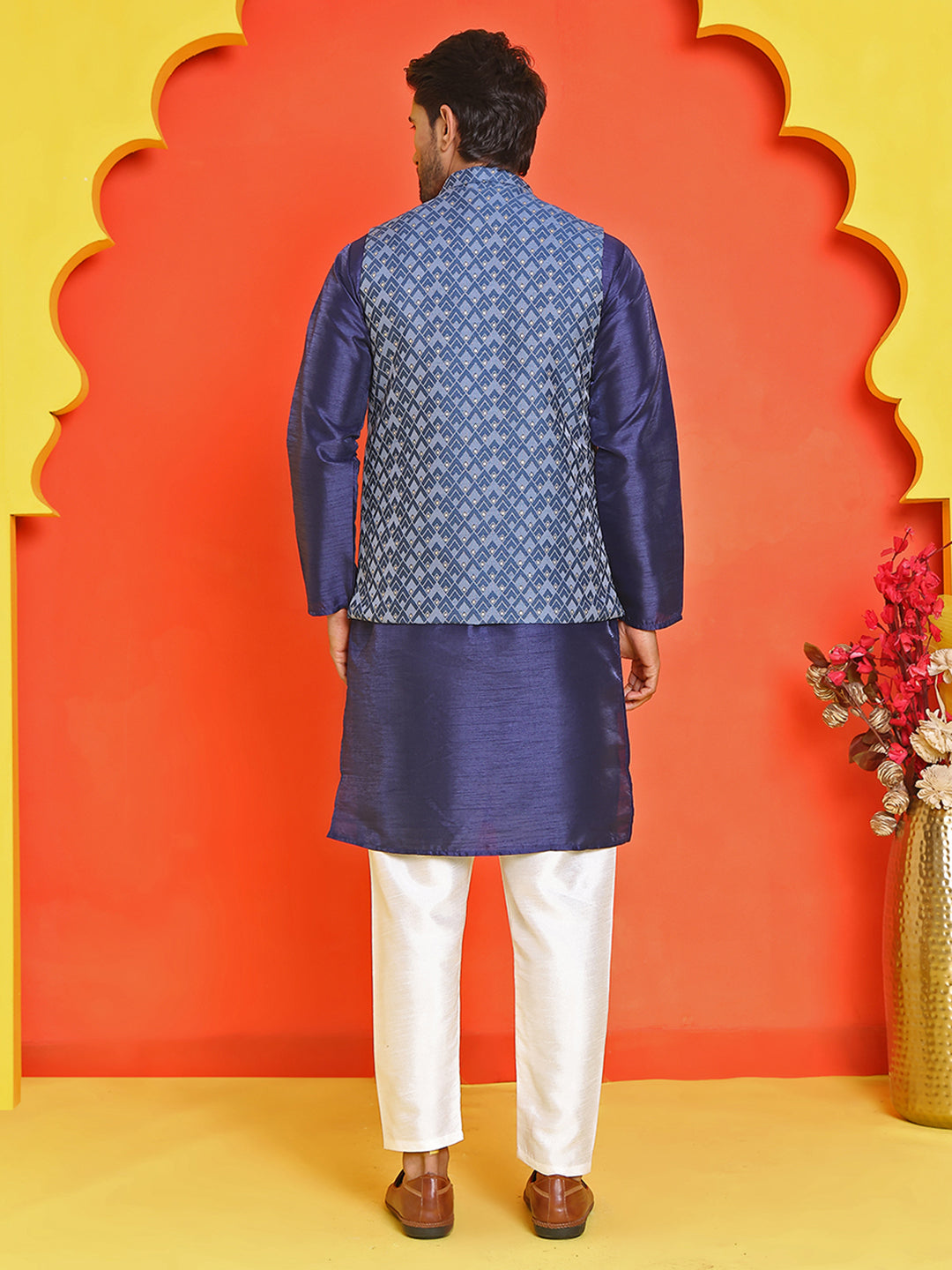 Men's Printed Nehru Jacket With Kurta Pyjama Set ( ANMKPWC 636N 7020Blue )