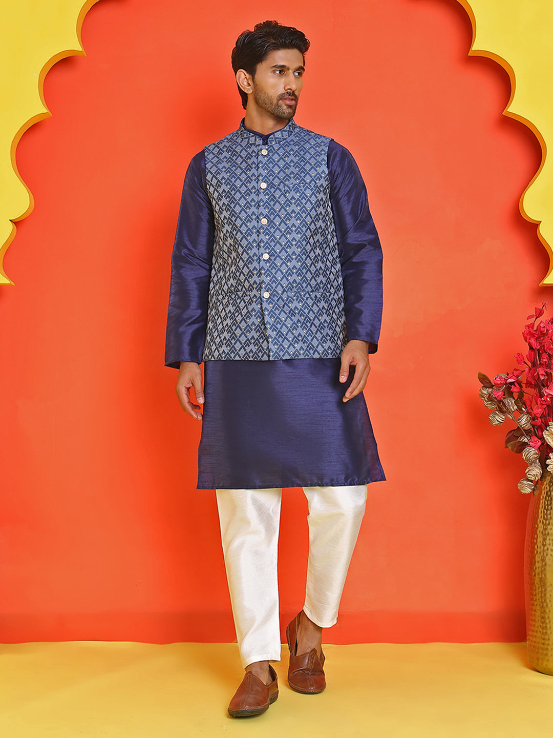 Men's Printed Nehru Jacket With Kurta Pyjama Set ( ANMKPWC 636N 7020Blue )