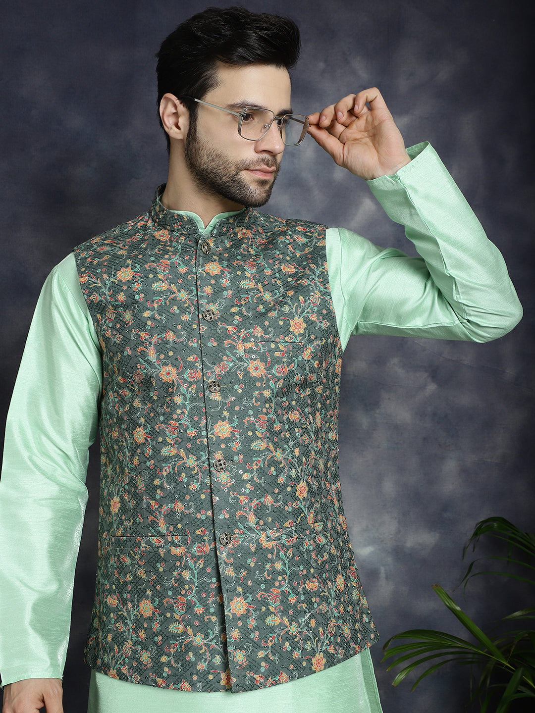 Sequins Printed Nehru Jacket with Solid Kurta Pyjama ( ANMKPWC 636P 7009Olive )