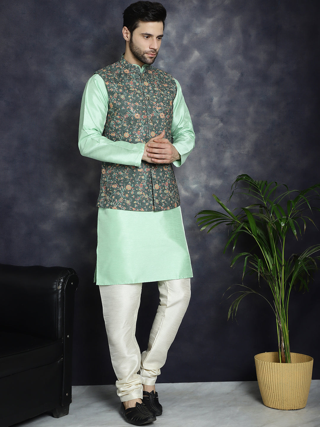 Sequins Printed Nehru Jacket with Solid Kurta Pyjama ( ANMKPWC 636P 7009Olive )