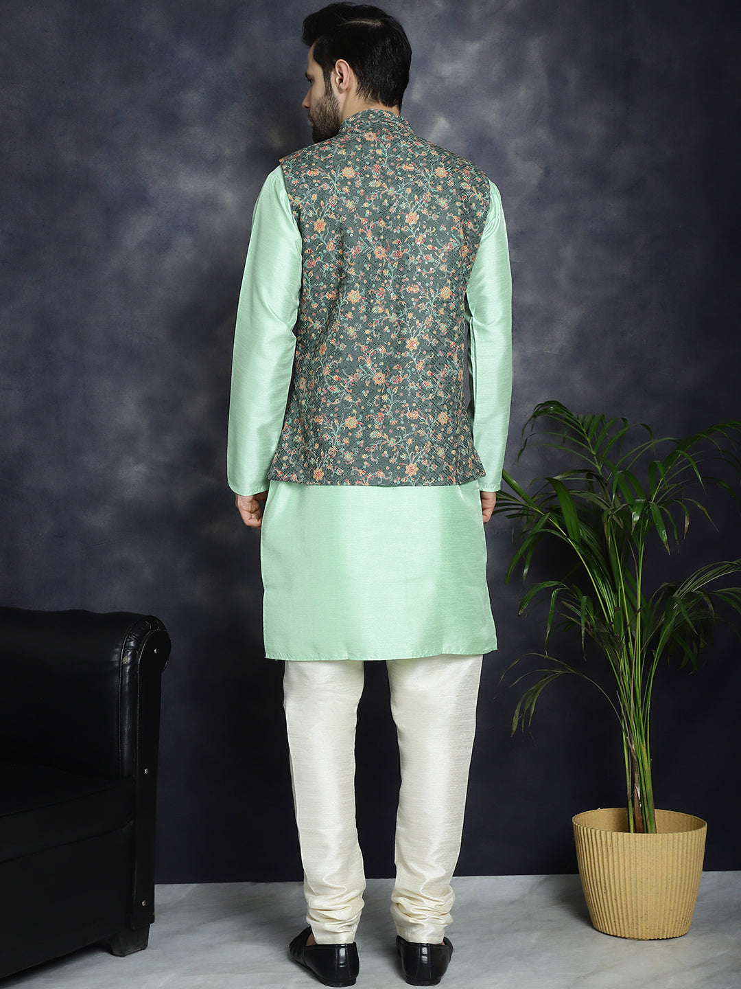 Sequins Printed Nehru Jacket with Solid Kurta Pyjama ( ANMKPWC 636P 7009Olive )
