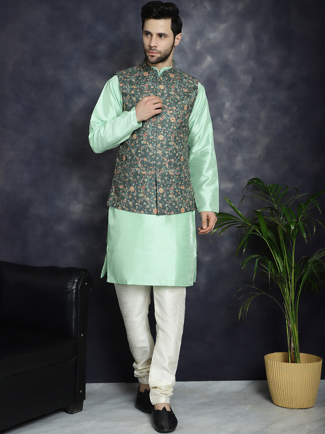 Sequins Printed Nehru Jacket with Solid Kurta Pyjama ( ANMKPWC 636P 7009Olive )