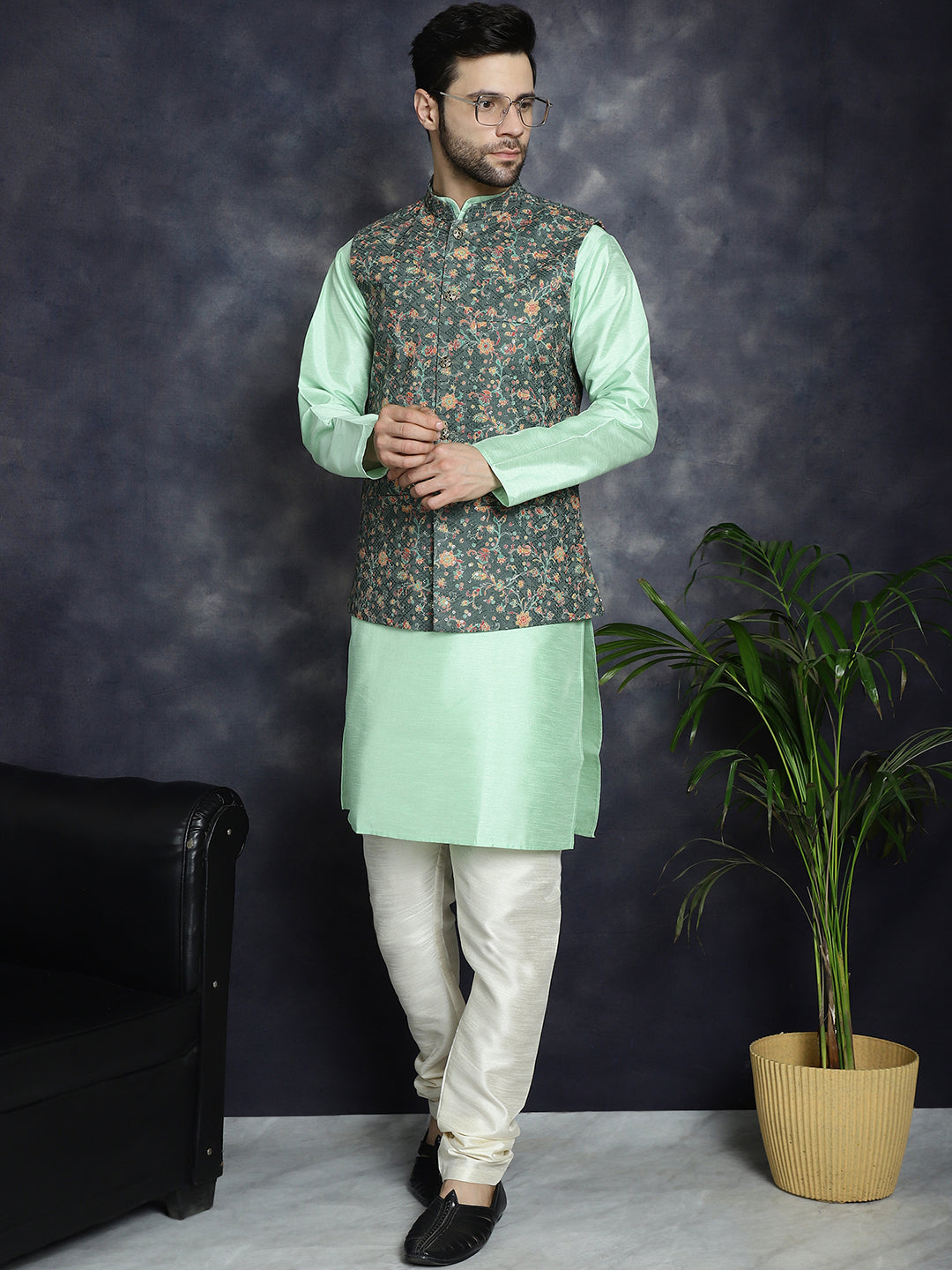 Sequins Printed Nehru Jacket with Solid Kurta Pyjama ( ANMKPWC 636P 7009Olive )