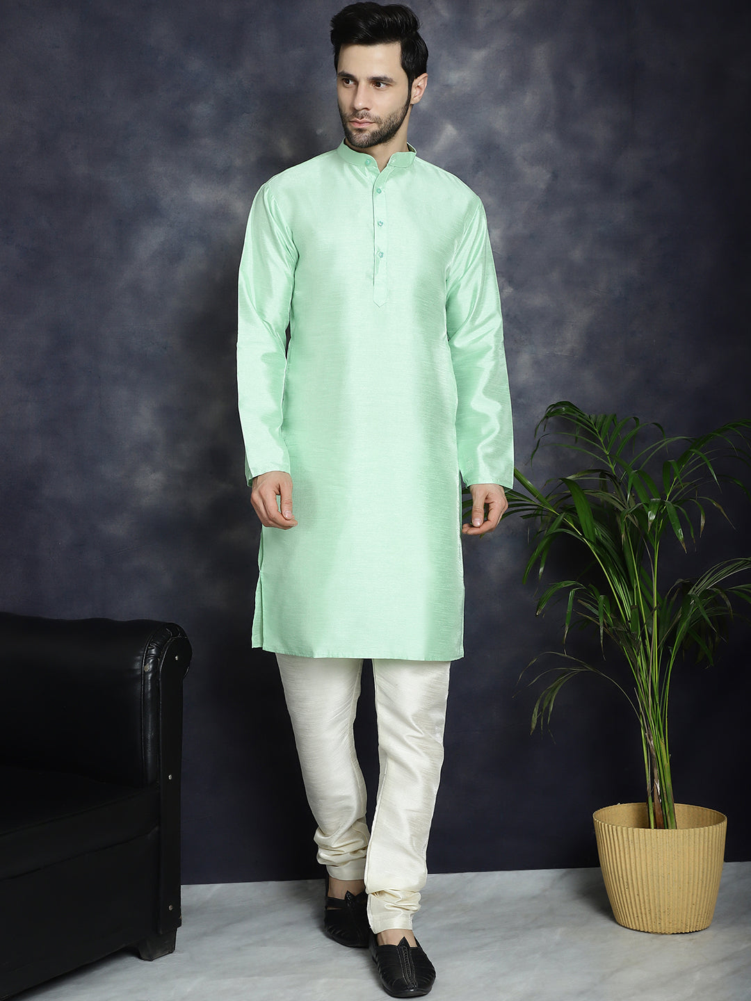Sequins Printed Nehru Jacket with Solid Kurta Pyjama ( ANMKPWC 636P 7009Olive )