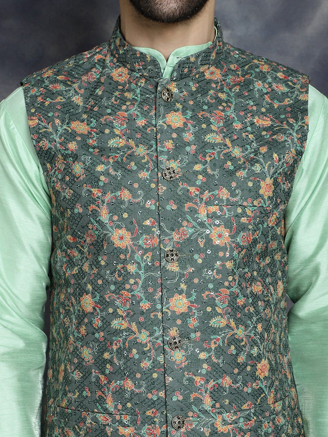 Sequins Printed Nehru Jacket with Solid Kurta Pyjama ( ANMKPWC 636P 7009Olive )