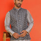 Men's Printed Nehru Jacket With Kurta Pyjama Set ( ANMKPWC 636S 7020Grey )