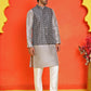 Men's Printed Nehru Jacket With Kurta Pyjama Set ( ANMKPWC 636S 7020Grey )