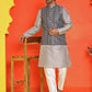 Men's Printed Nehru Jacket With Kurta Pyjama Set ( ANMKPWC 636S 7020Grey )