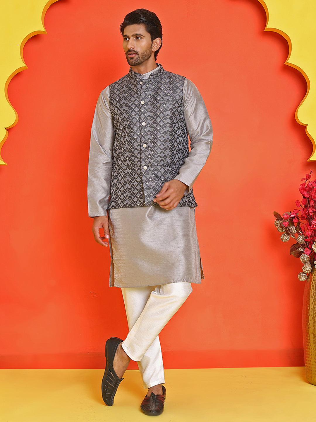 Men's Printed Nehru Jacket With Kurta Pyjama Set ( ANMKPWC 636S 7020Grey )