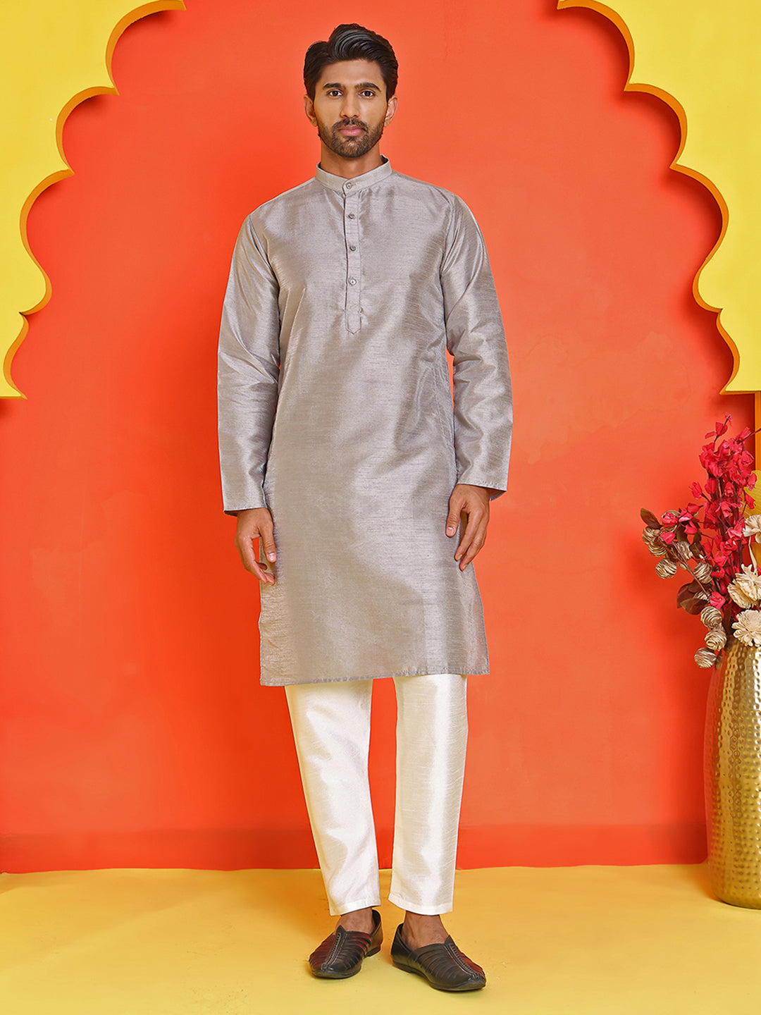 Men's Printed Nehru Jacket With Kurta Pyjama Set ( ANMKPWC 636S 7020Grey )