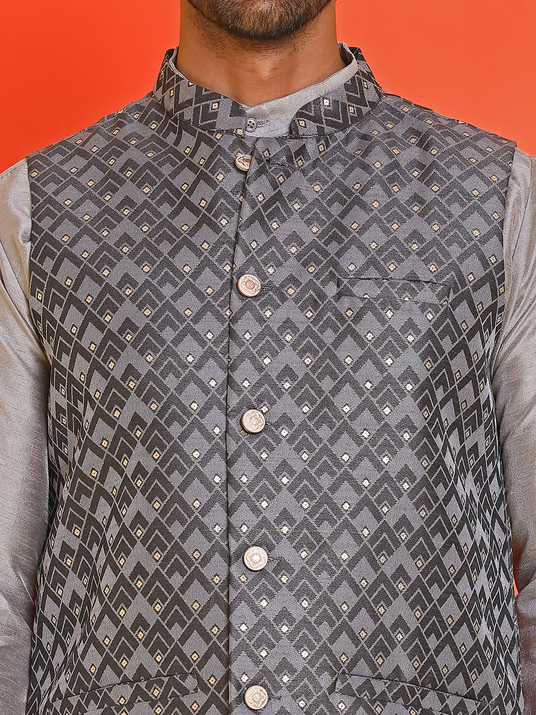 Men's Printed Nehru Jacket With Kurta Pyjama Set ( ANMKPWC 636S 7020Grey )