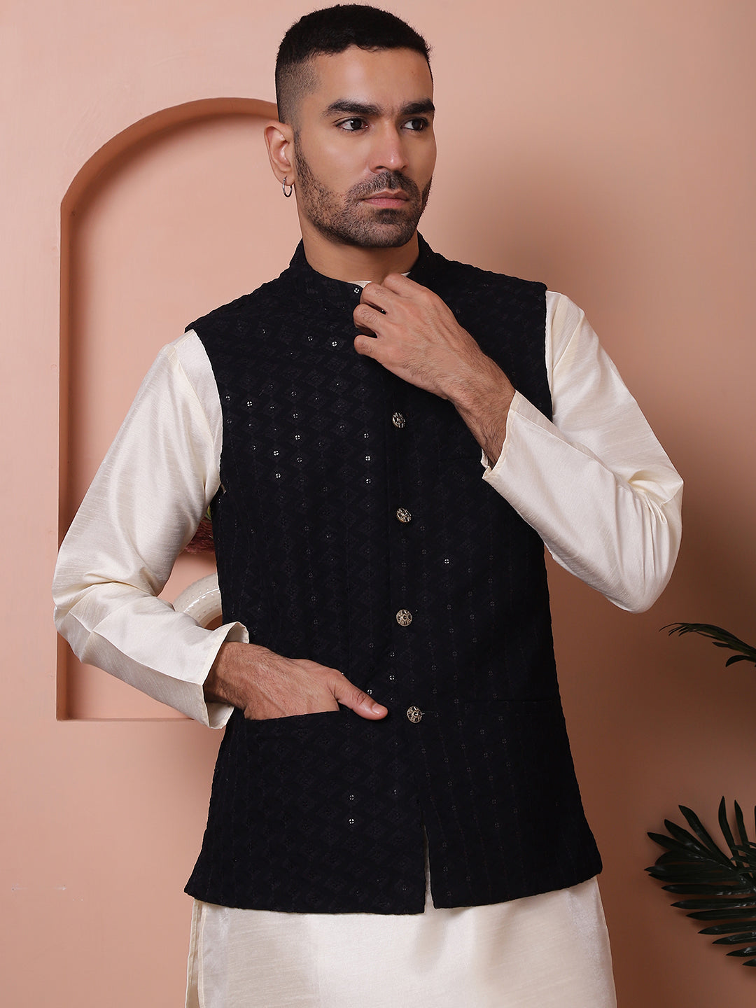 Embroidered and Sequin Nehru Jacket With Solid Kurta Pyjama ( ANMKPWC 636W 7004Black )
