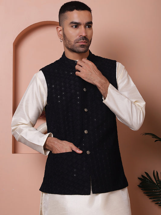 Embroidered and Sequin Nehru Jacket With Solid Kurta Pyjama ( ANMKPWC 636W 7004Black )