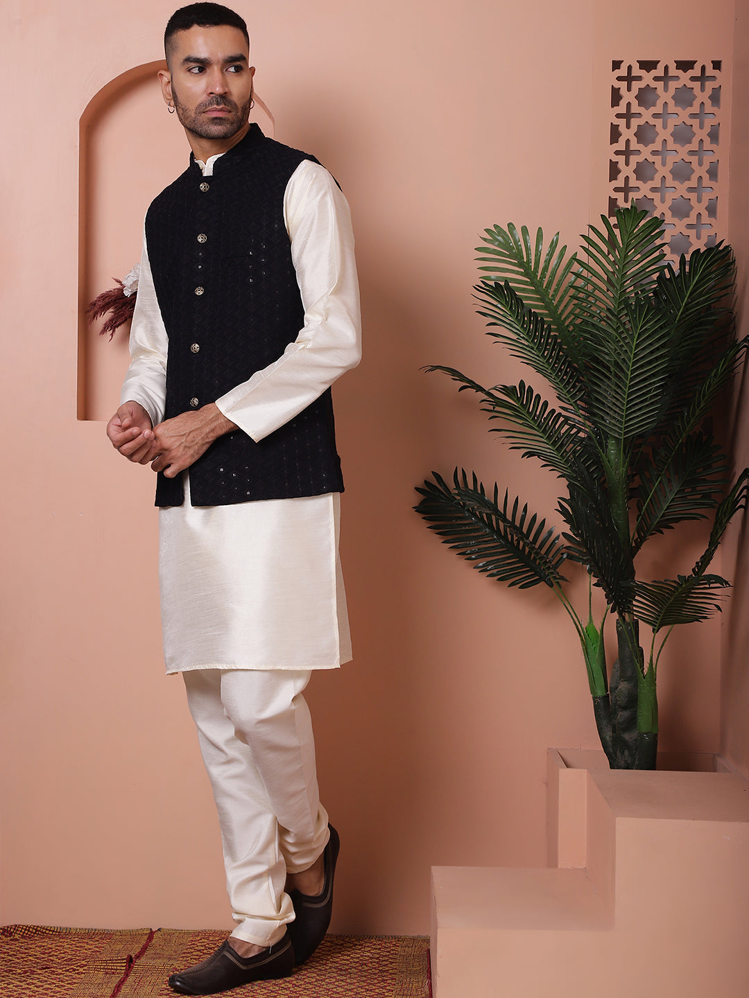 Embroidered and Sequin Nehru Jacket With Solid Kurta Pyjama ( ANMKPWC 636W 7004Black )
