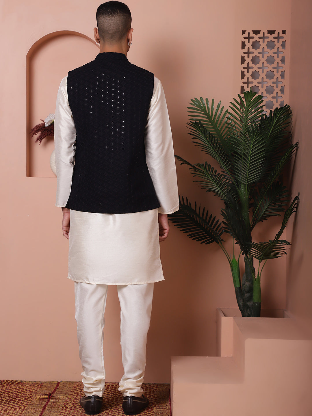 Embroidered and Sequin Nehru Jacket With Solid Kurta Pyjama ( ANMKPWC 636W 7004Black )
