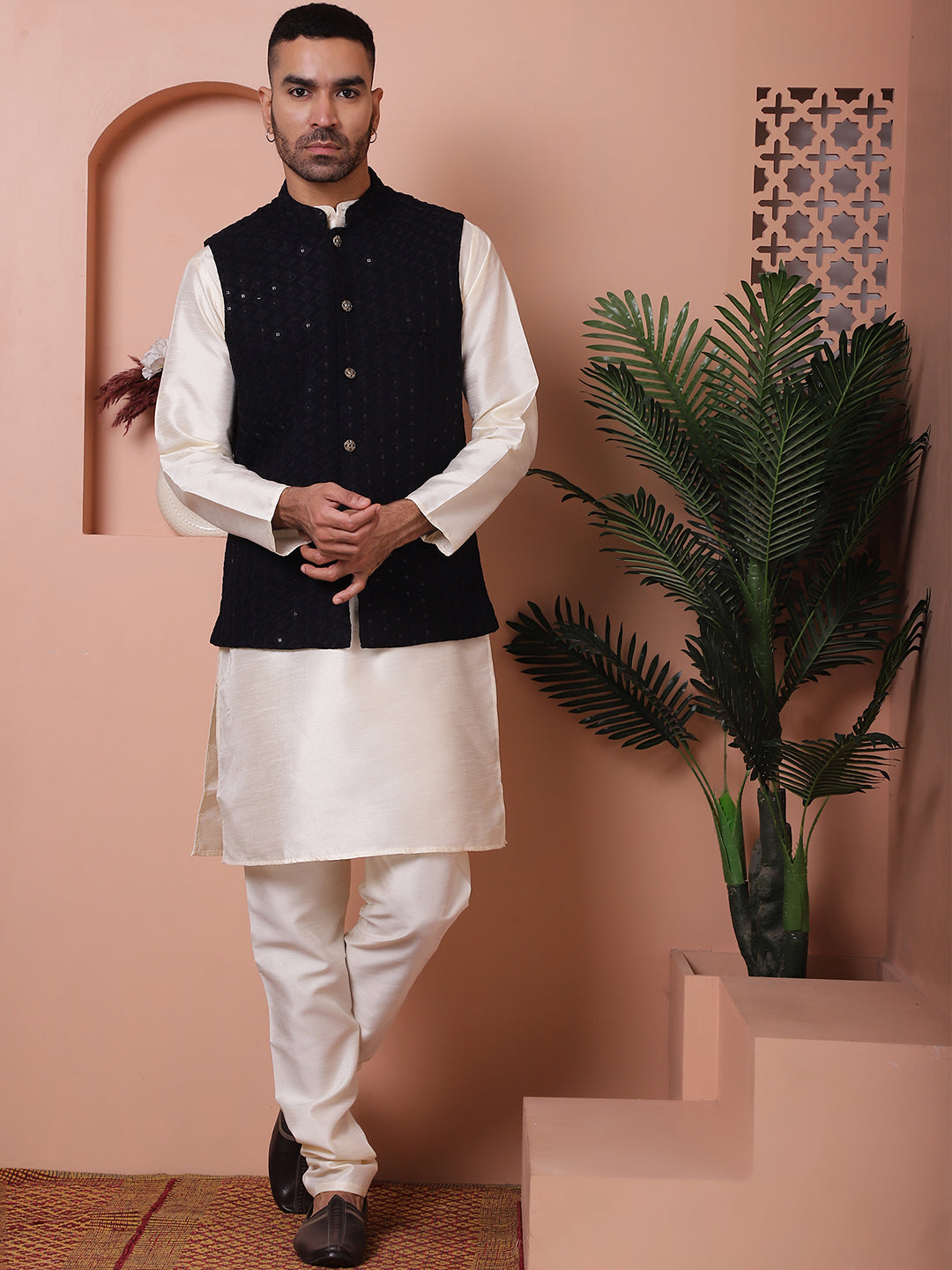 Embroidered and Sequin Nehru Jacket With Solid Kurta Pyjama ( ANMKPWC 636W 7004Black )