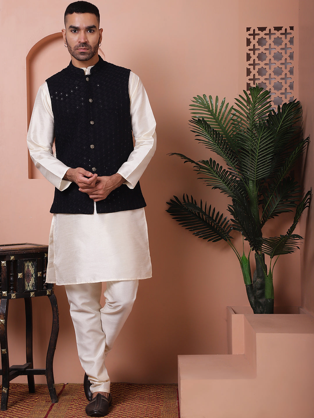 Embroidered and Sequin Nehru Jacket With Solid Kurta Pyjama ( ANMKPWC 636W 7004Black )