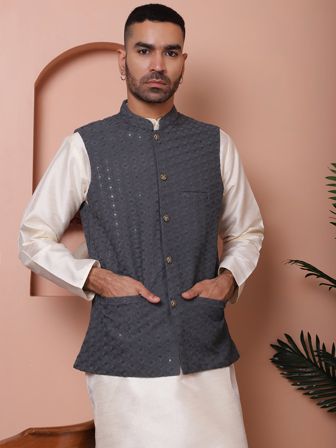Embroidered and Sequin Nehru Jacket With Solid Kurta Pyjama ( ANMKPWC 636W 7004Grey )