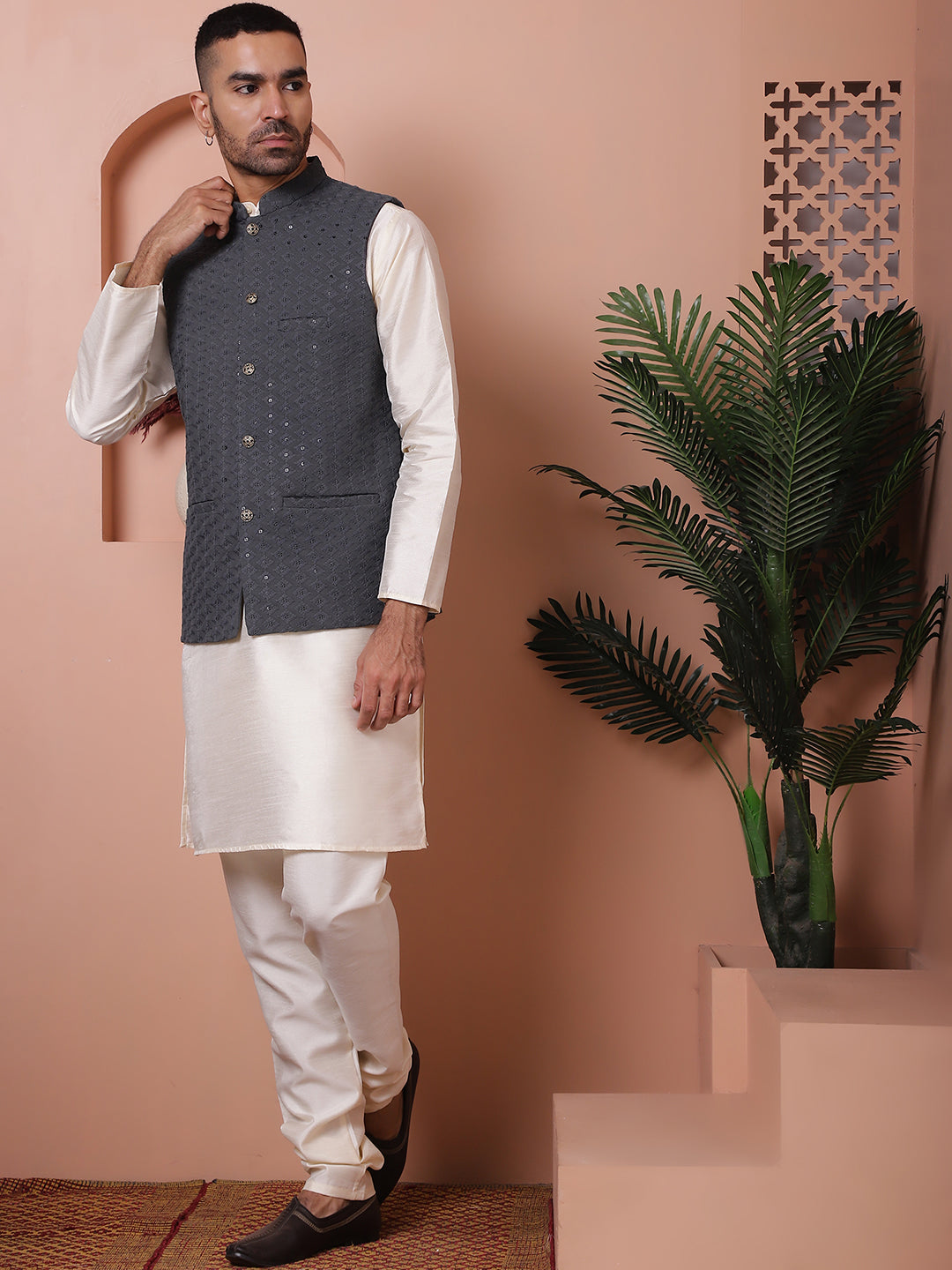 Embroidered and Sequin Nehru Jacket With Solid Kurta Pyjama ( ANMKPWC 636W 7004Grey )
