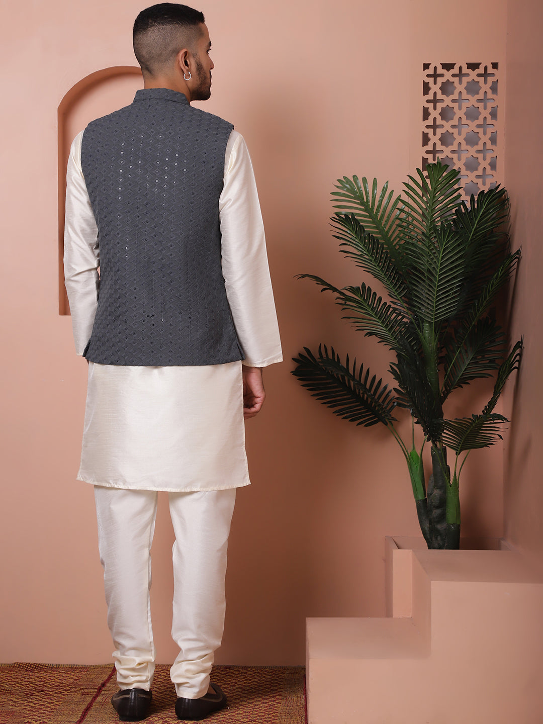 Embroidered and Sequin Nehru Jacket With Solid Kurta Pyjama ( ANMKPWC 636W 7004Grey )