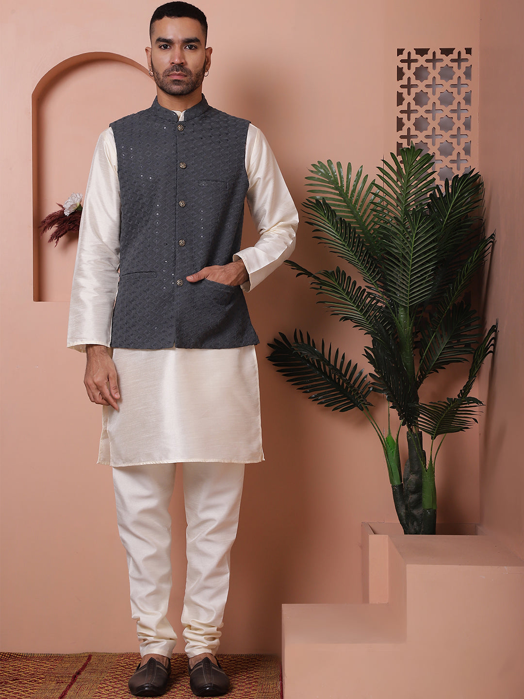 Embroidered and Sequin Nehru Jacket With Solid Kurta Pyjama ( ANMKPWC 636W 7004Grey )