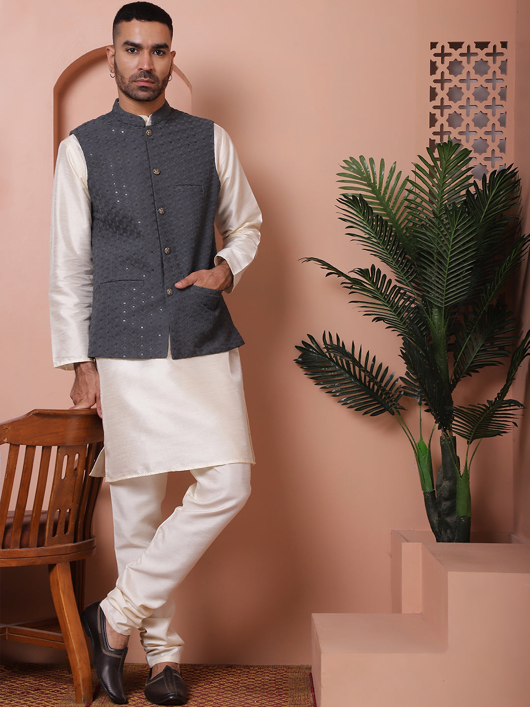 Embroidered and Sequin Nehru Jacket With Solid Kurta Pyjama ( ANMKPWC 636W 7004Grey )