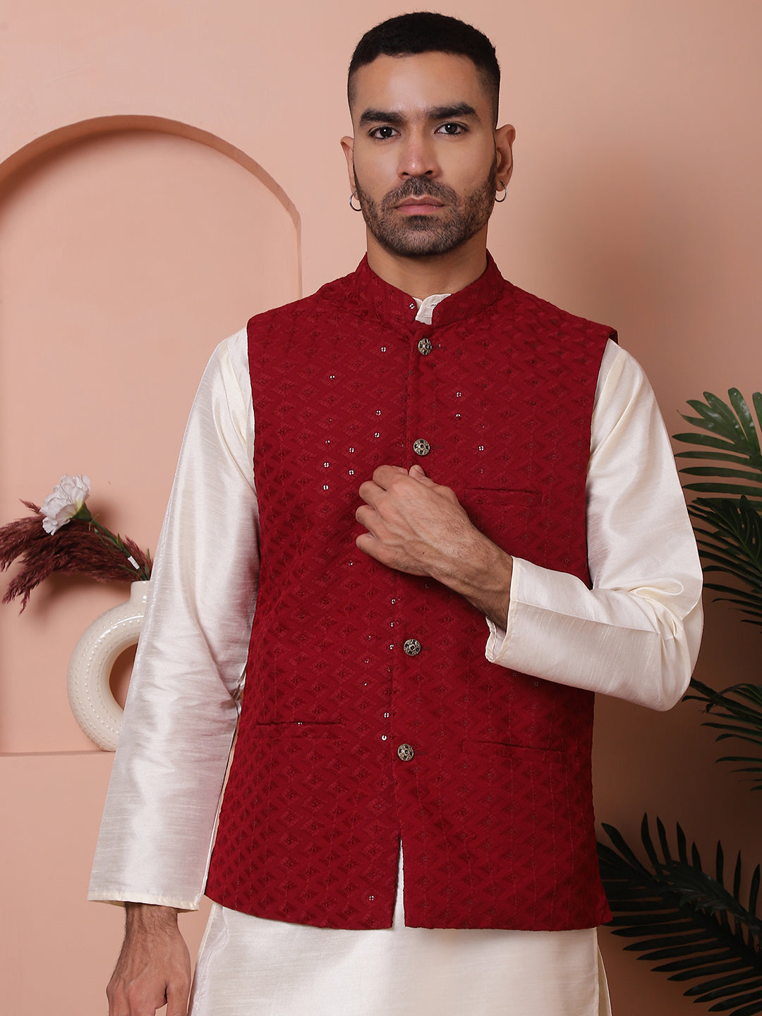 Embroidered and Sequin Nehru Jacket With Solid Kurta Pyjama ( ANMKPWC 636W 7004Maroon )