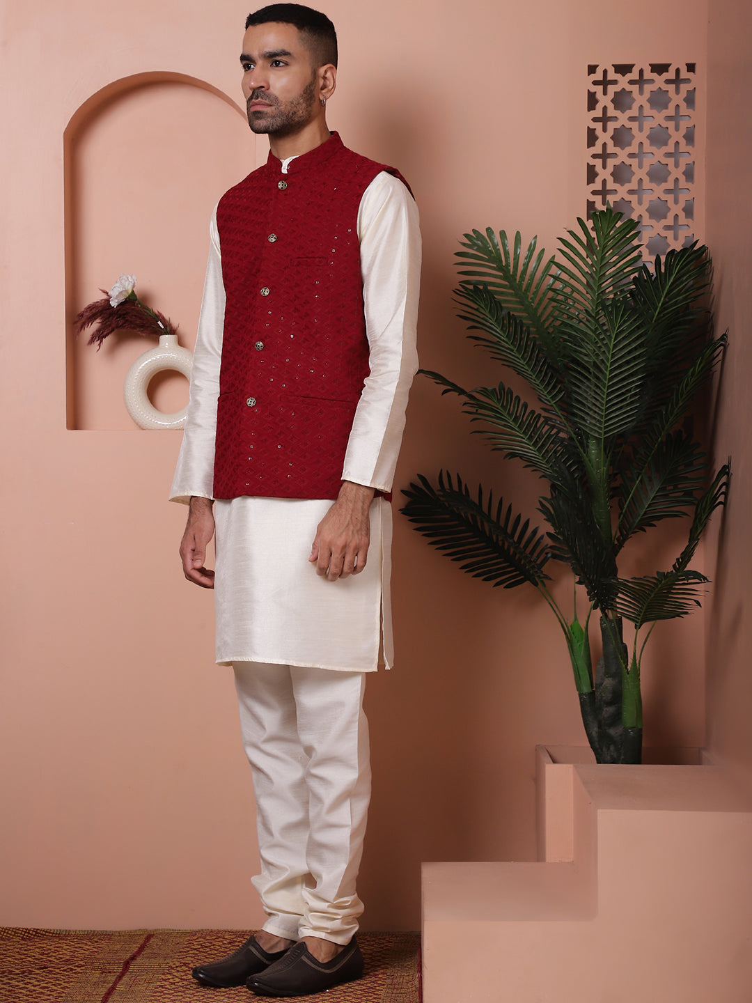 Embroidered and Sequin Nehru Jacket With Solid Kurta Pyjama ( ANMKPWC 636W 7004Maroon )