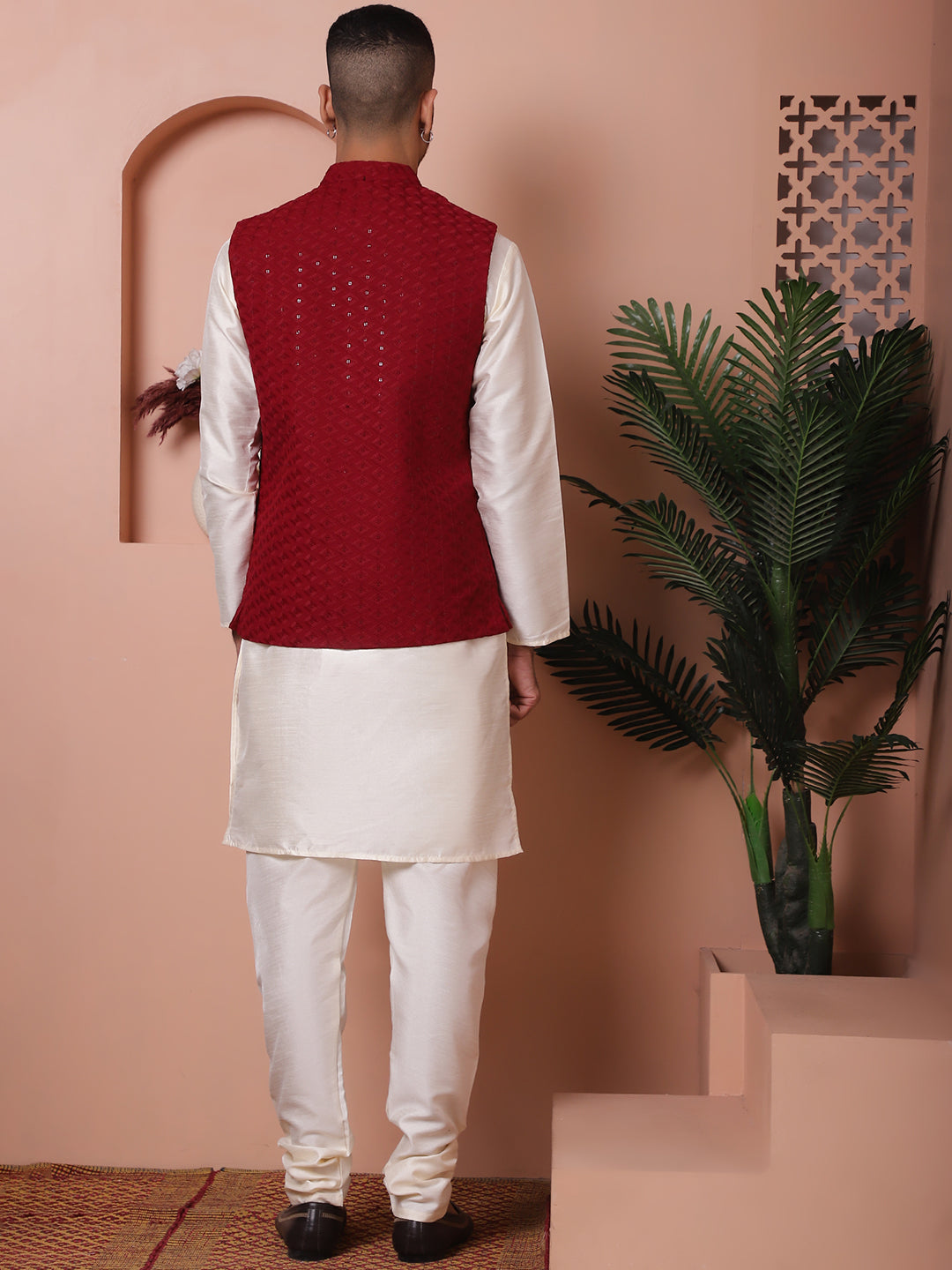 Embroidered and Sequin Nehru Jacket With Solid Kurta Pyjama ( ANMKPWC 636W 7004Maroon )