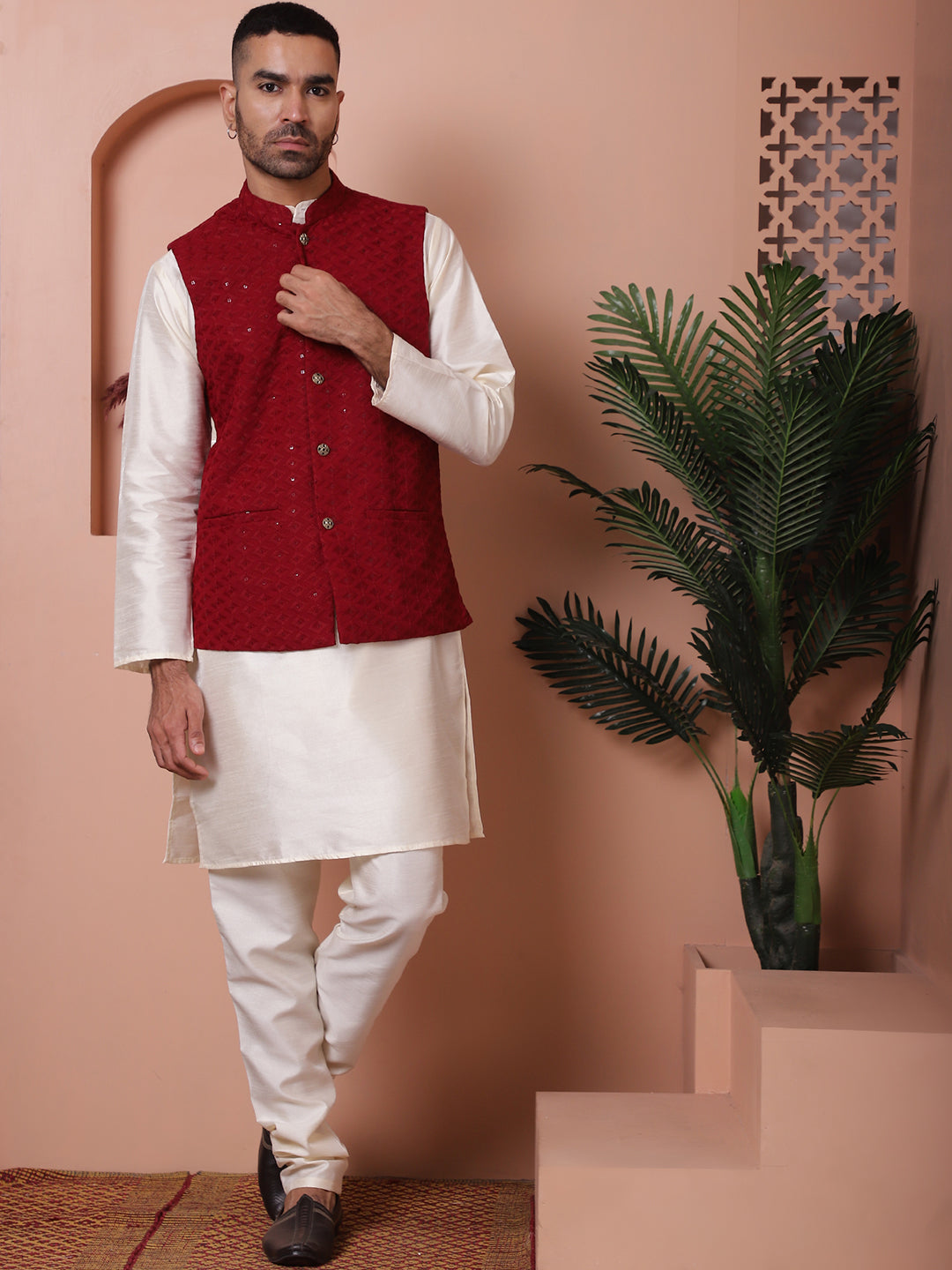 Embroidered and Sequin Nehru Jacket With Solid Kurta Pyjama ( ANMKPWC 636W 7004Maroon )