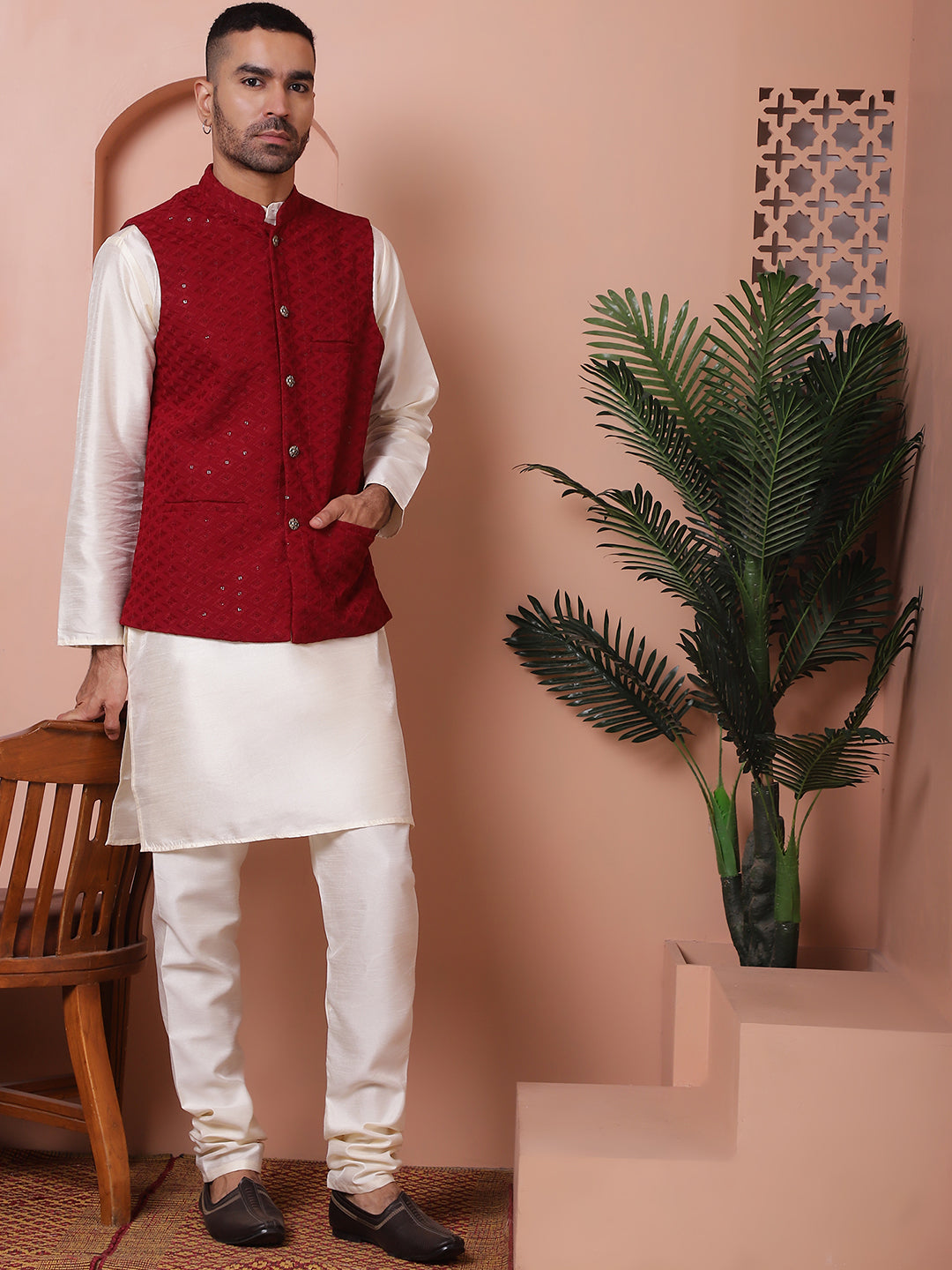 Embroidered and Sequin Nehru Jacket With Solid Kurta Pyjama ( ANMKPWC 636W 7004Maroon )