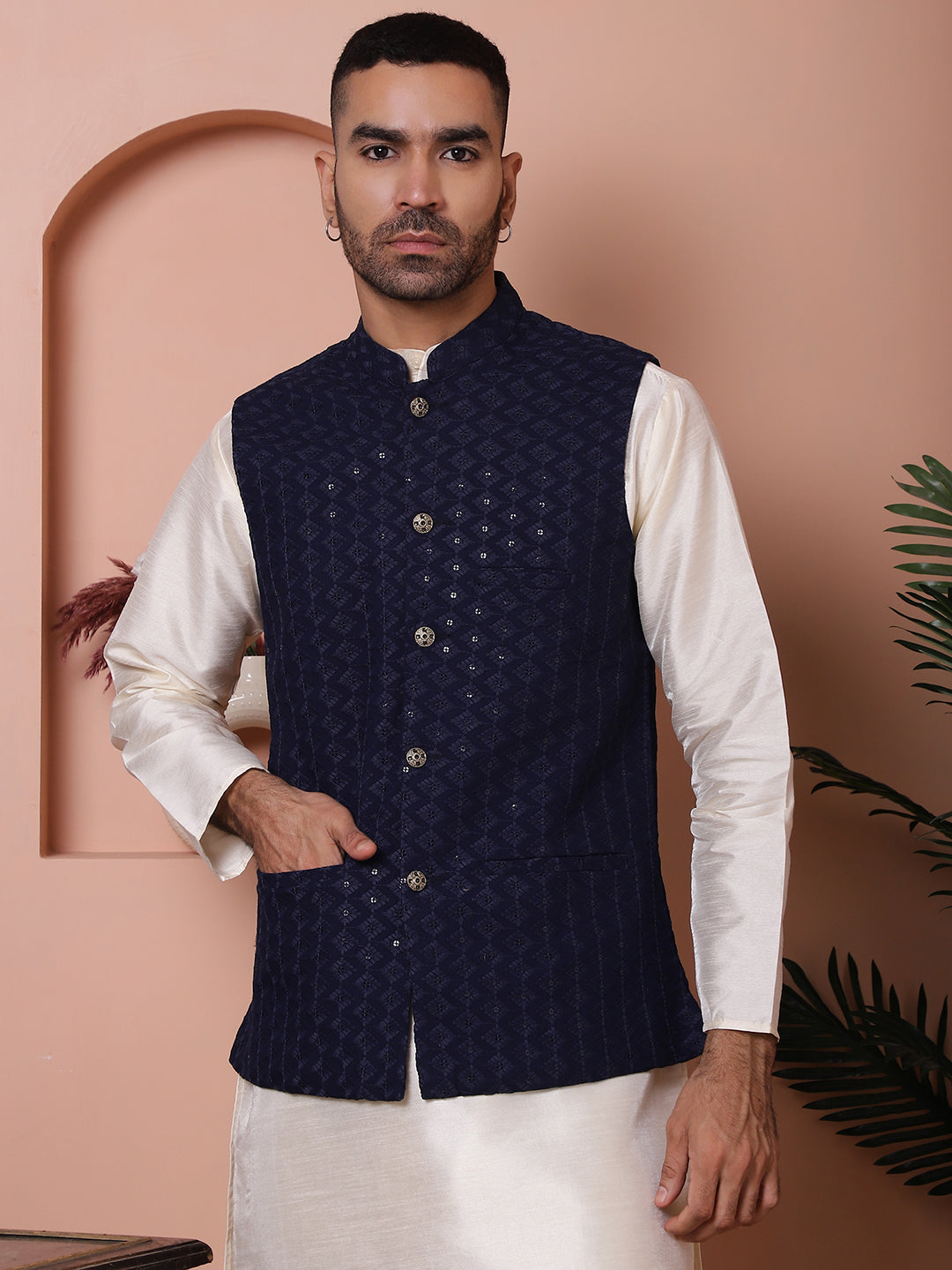 Embroidered and Sequin Nehru Jacket With Solid Kurta Pyjama ( ANMKPWC 636W 7004Navy )