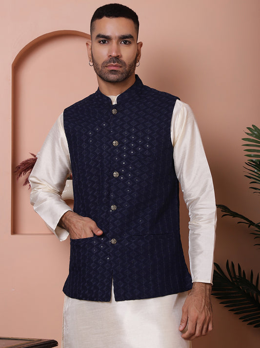 Embroidered and Sequin Nehru Jacket With Solid Kurta Pyjama ( ANMKPWC 636W 7004Navy )