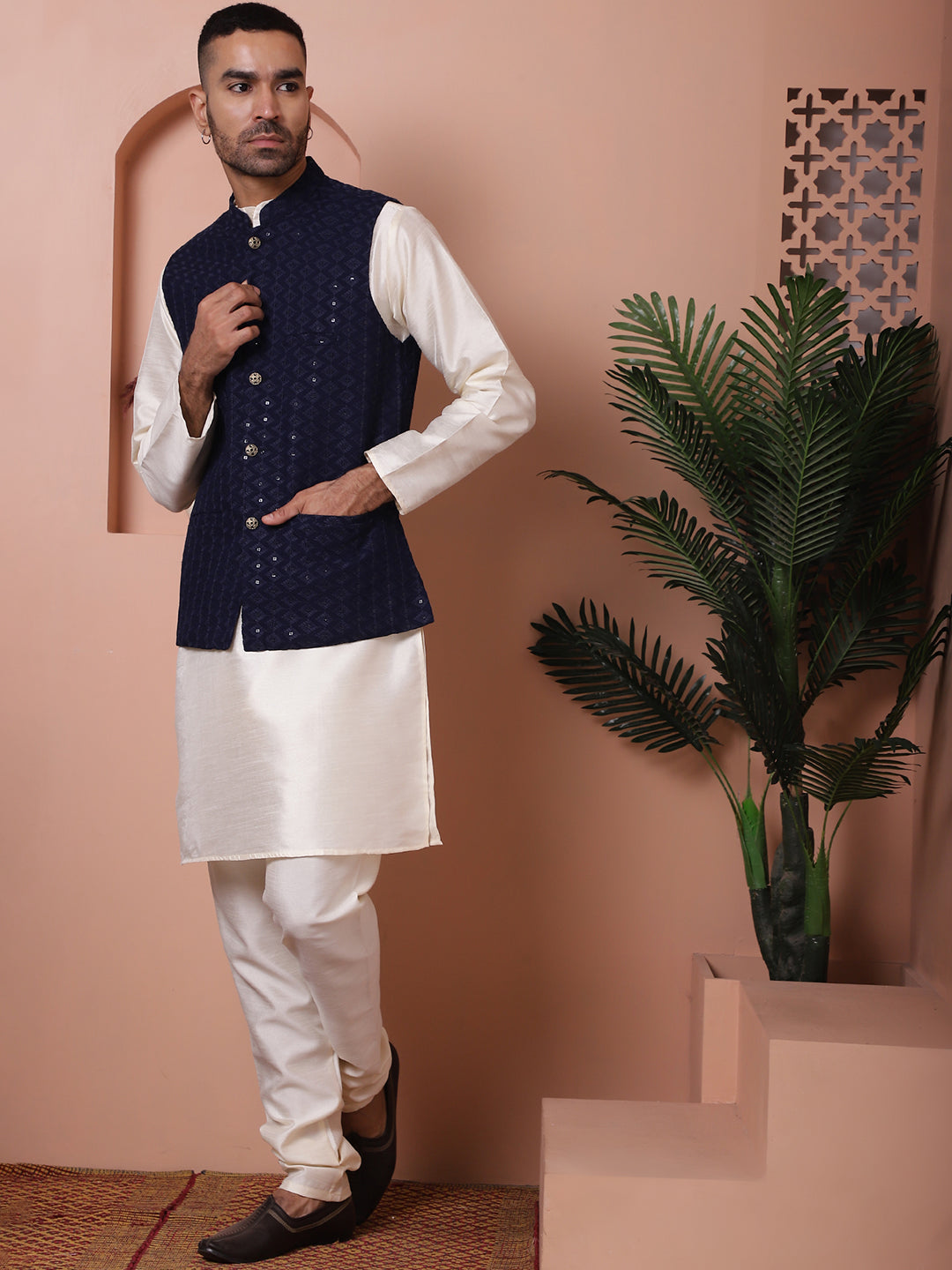 Embroidered and Sequin Nehru Jacket With Solid Kurta Pyjama ( ANMKPWC 636W 7004Navy )