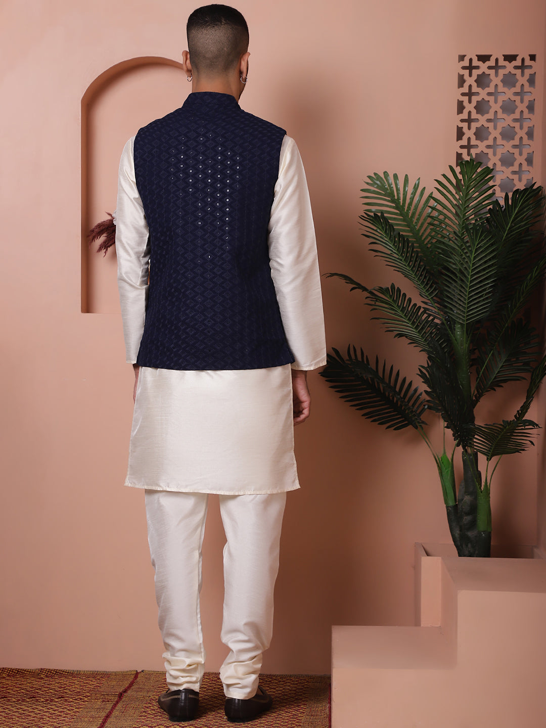 Embroidered and Sequin Nehru Jacket With Solid Kurta Pyjama ( ANMKPWC 636W 7004Navy )