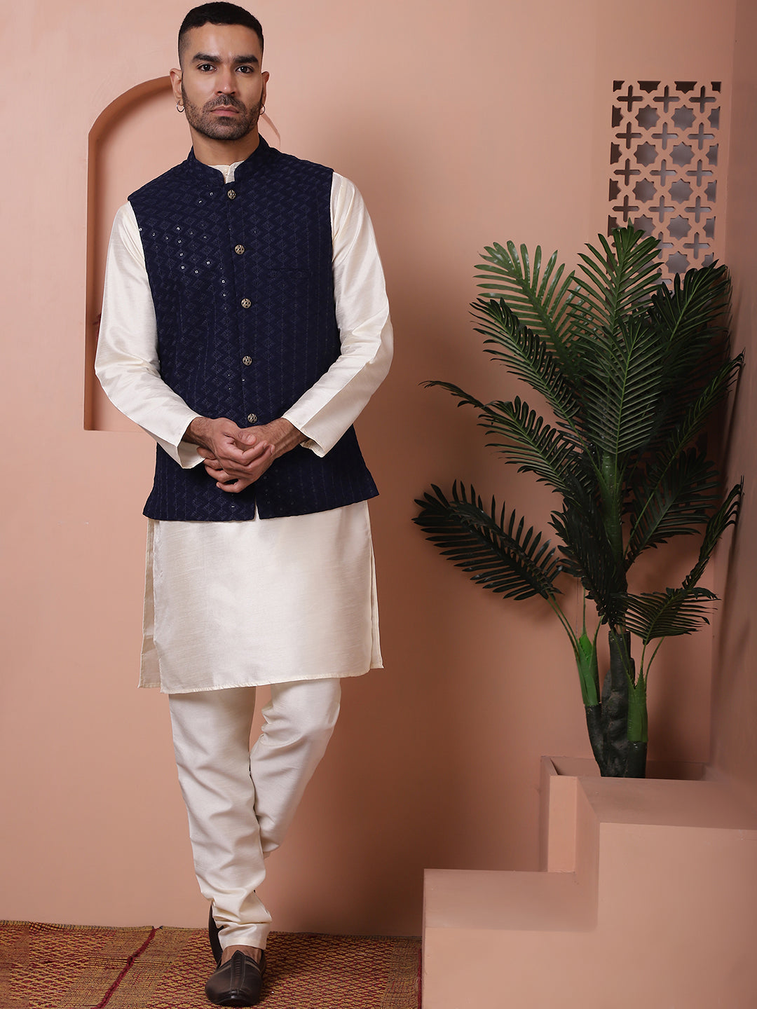 Embroidered and Sequin Nehru Jacket With Solid Kurta Pyjama ( ANMKPWC 636W 7004Navy )