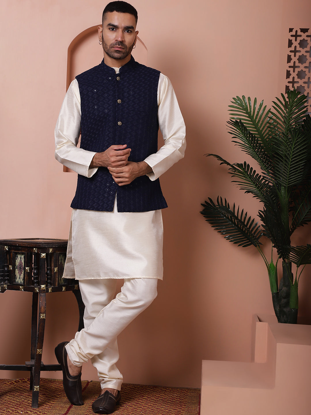 Embroidered and Sequin Nehru Jacket With Solid Kurta Pyjama ( ANMKPWC 636W 7004Navy )