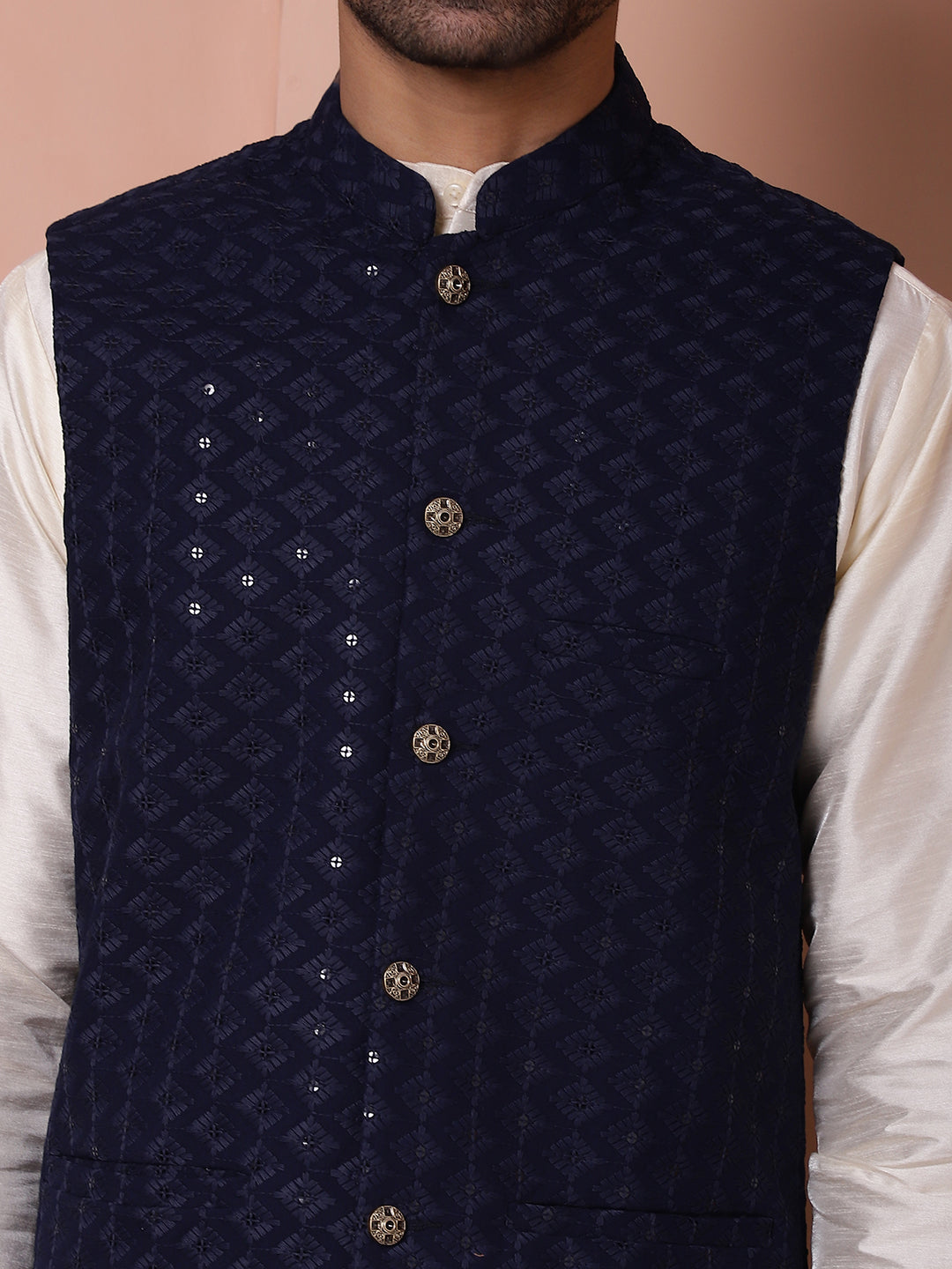 Embroidered and Sequin Nehru Jacket With Solid Kurta Pyjama ( ANMKPWC 636W 7004Navy )