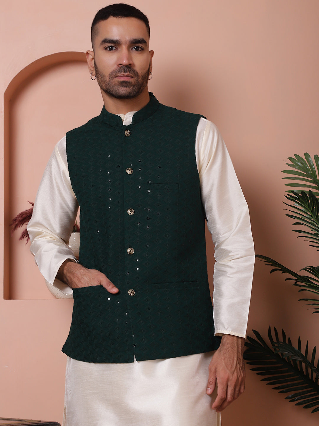 Embroidered and Sequin Nehru Jacket With Solid Kurta Pyjama ( ANMKPWC 636W 7004Olive )