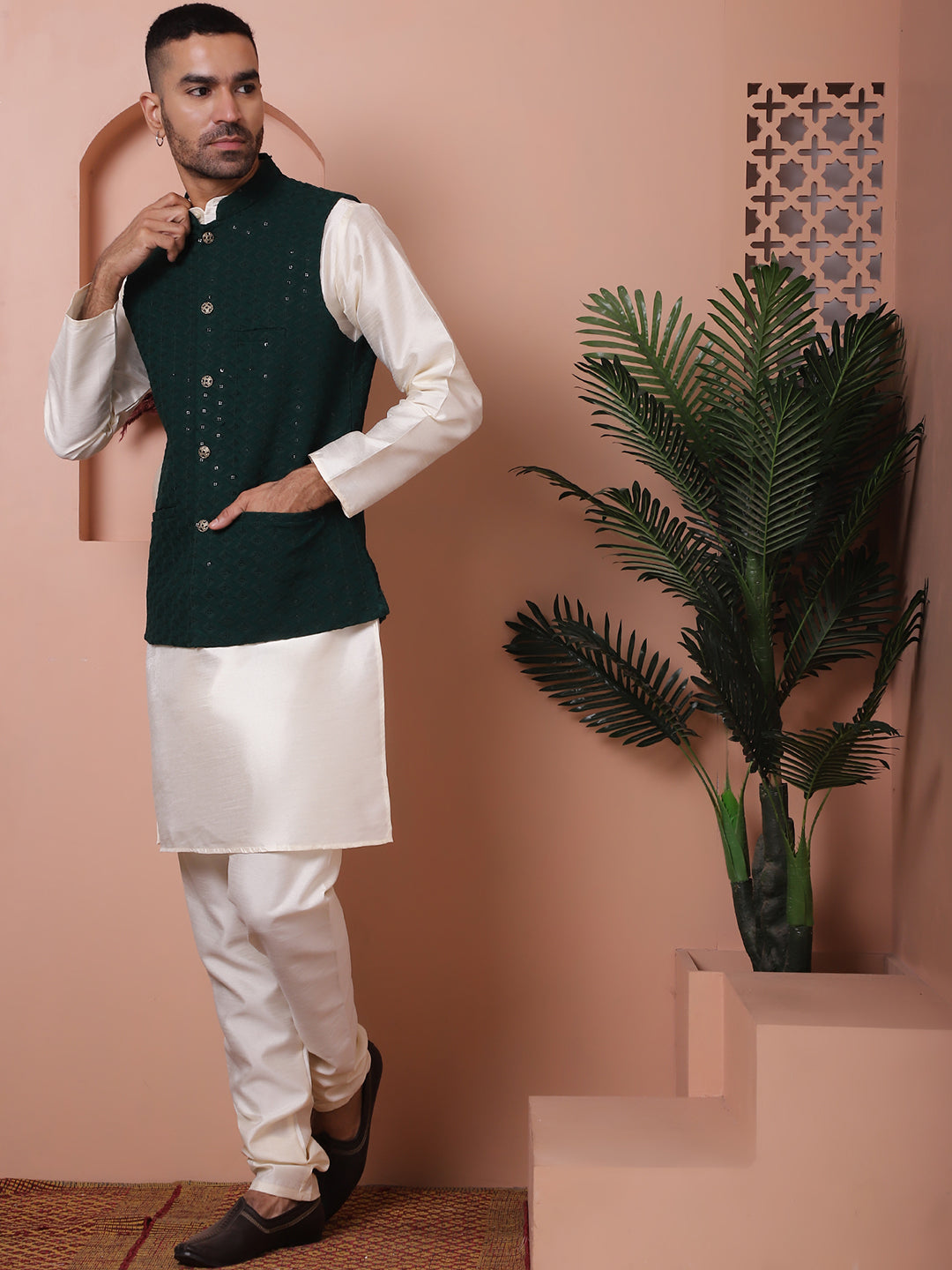Embroidered and Sequin Nehru Jacket With Solid Kurta Pyjama ( ANMKPWC 636W 7004Olive )